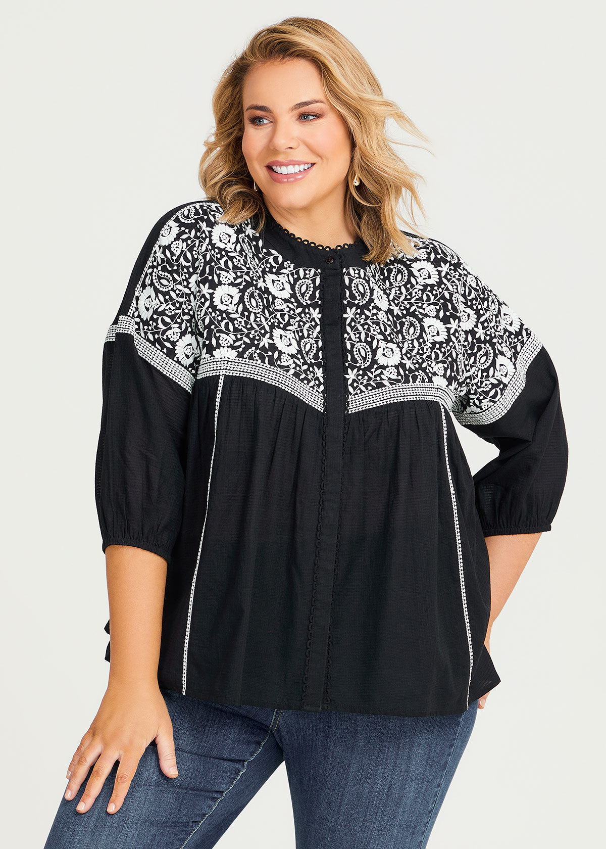 Shop Plus Size Cotton Broderie Contrast Top in Black Sizes 12 30 Taking Shape UK