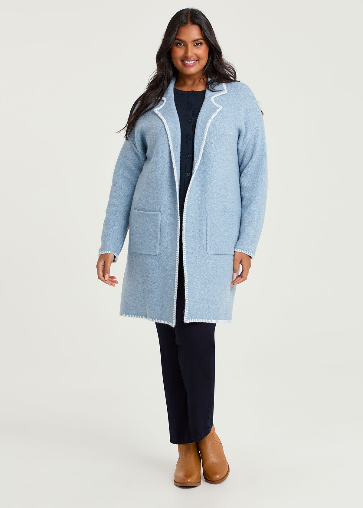 Shop Plus Size Blanket Stitch Coatigan, Blue | Taking Shape AU
