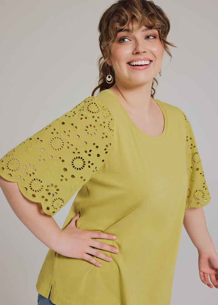 Cotton Broderie Sleeve T-shirt, , hi-res