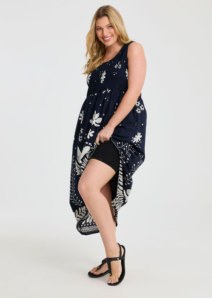 Cotton Shirred Floral Dress, , hi-res
