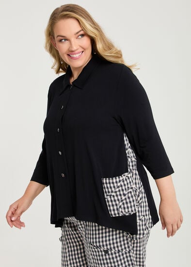 Plus Size Gingham Spliced Bamboo Cardigan
