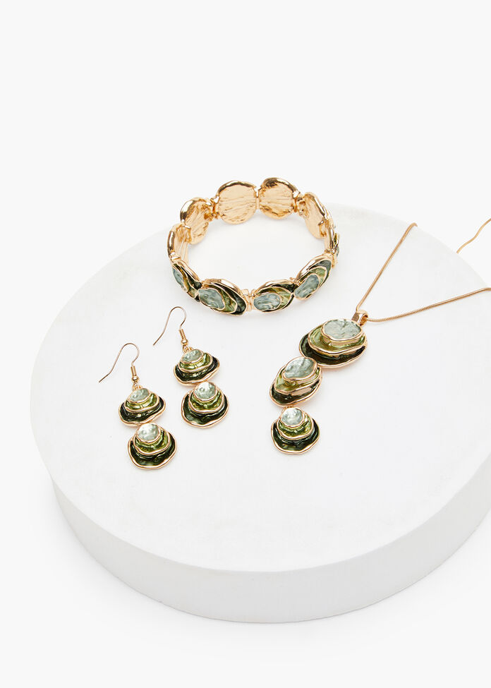 Layered 3 Drop Enamel Necklace, GREEN, hi-res