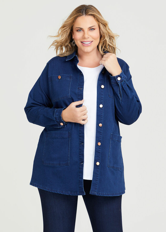 Shop Plus Size Denim Long Line Jacket, Blue Taking Shape NZ