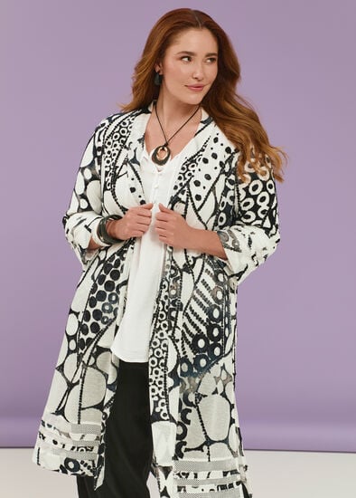Plus Size Mesh Trim Burnout Long Cardigan