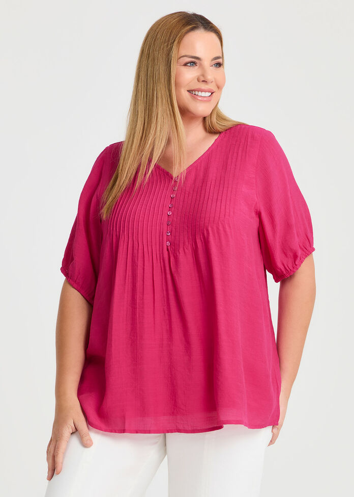 Natural V-neck Pintuck Top, , hi-res