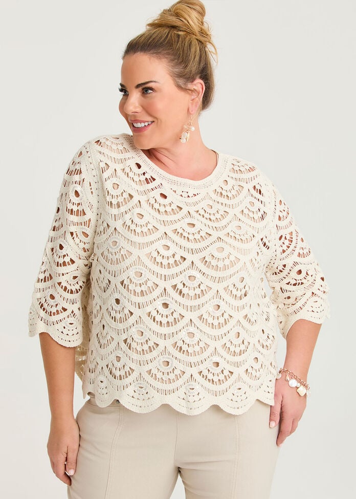 Crochet & Sequin Cotton Knit Top, , hi-res