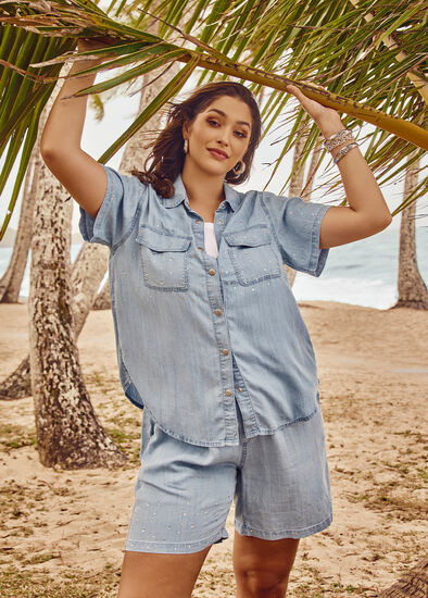 Plus Size Chambray Embellished Shirt