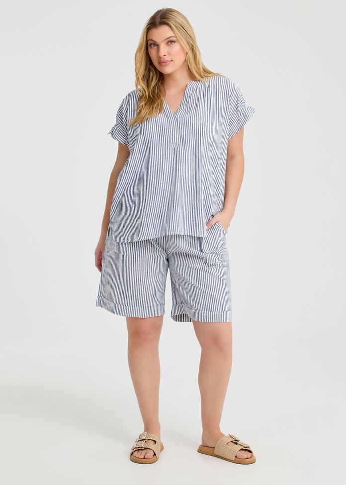 Cotton Linen Notch Neck Top, , hi-res