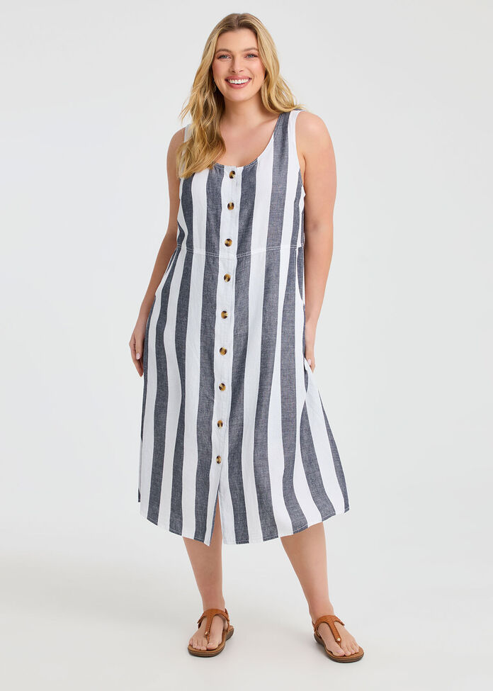 Lyocell Linen Blend Stripe Dress, , hi-res