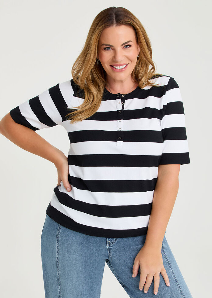 Cotton Modal Stripe Henley Top, , hi-res