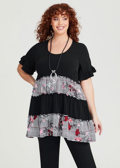 Plus Size Layered Floral Gingham Tunic