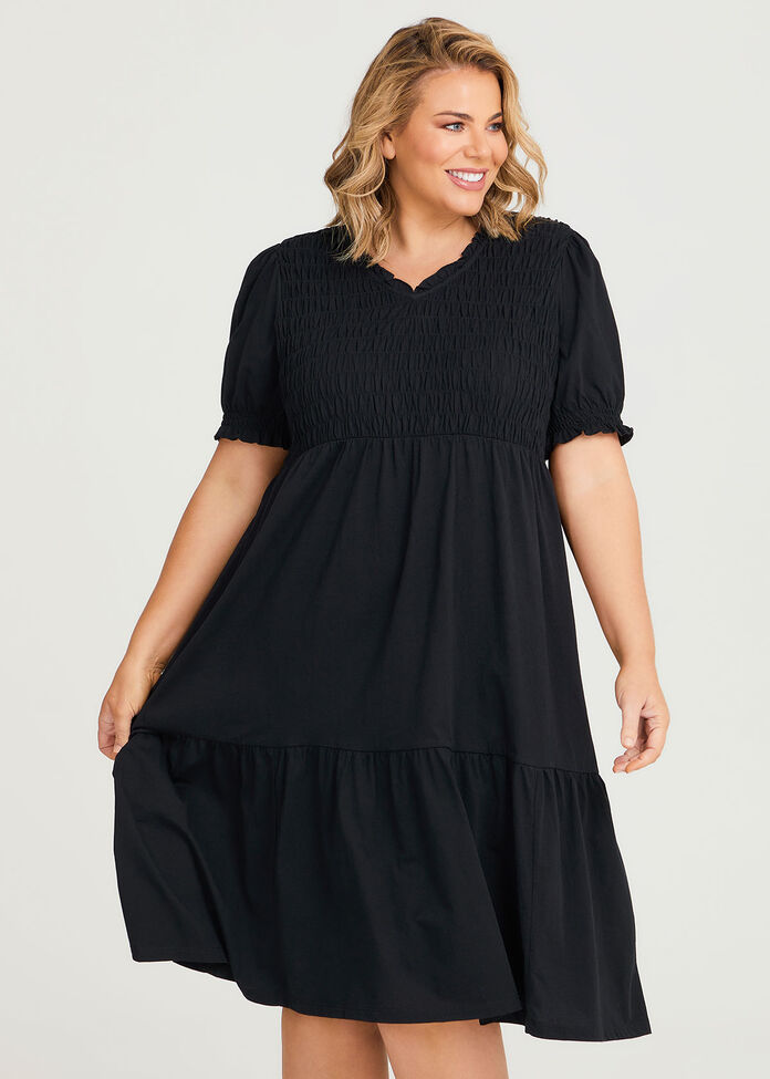 Shop Plus Size Cotton V-neck Shirred Dress in Black | Taking Shape AU