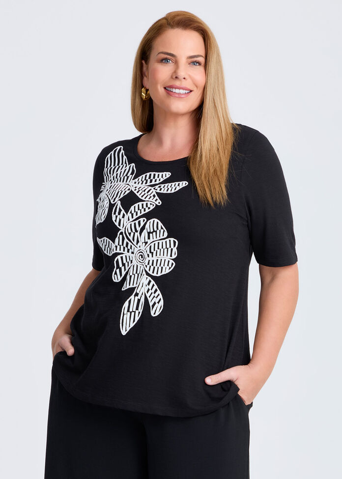 Cotton Modal Embroidery Top, , hi-res