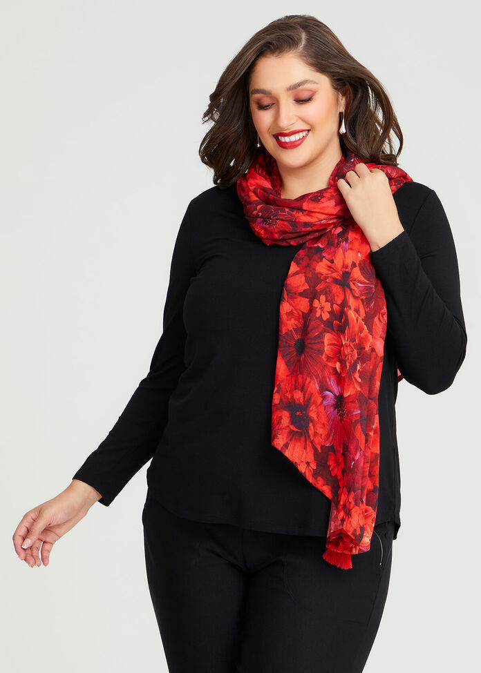 Red Floral Tassel Scarf, , hi-res