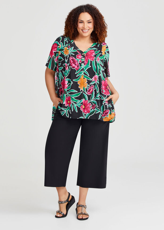 Joy Pintuck Floral Top, BLACK FLORAL PRINT, hi-res