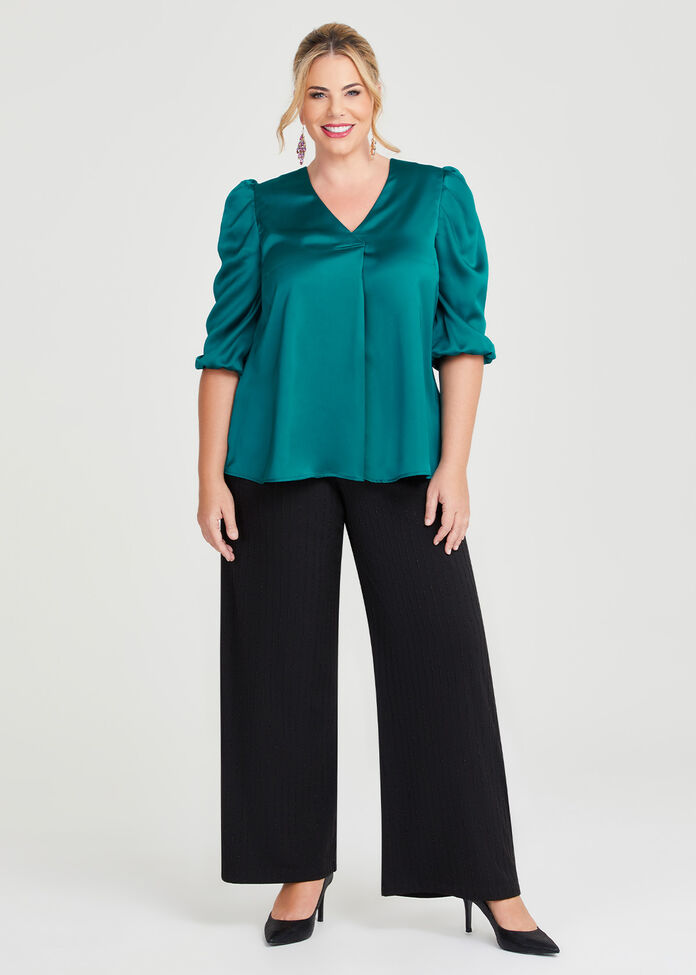 Satin Ruched Sleeve Top, , hi-res