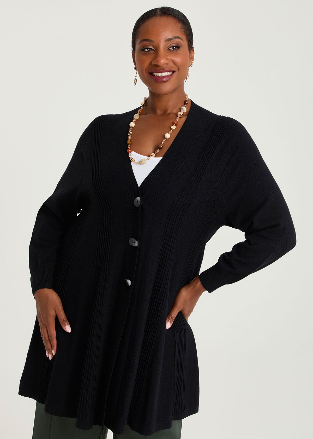 Shop Plus Size Pintuck Swing Natural Cardigan, Black | Taking Shape AU