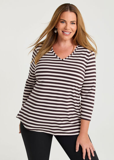 Plus Size Natural Stripe 3/4 Sleeve T-shirt