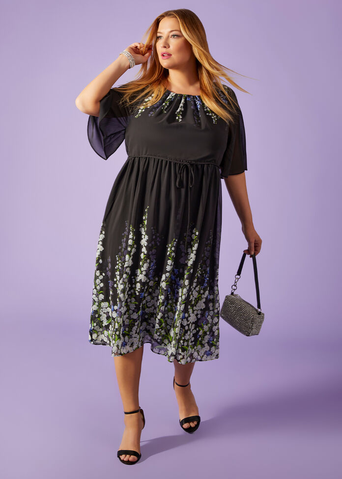 sachin and babi light blue dress Friends Like These Curve Chiffon Long Sleeve Hardware Detail Midi Dress in  Black main image 1