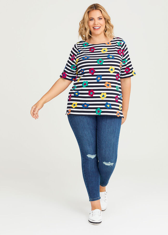 Cotton Stripe Flower Top, , hi-res