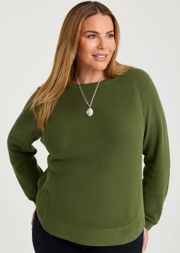 Curved Hem Rib Knit Jumper, , hi-res
