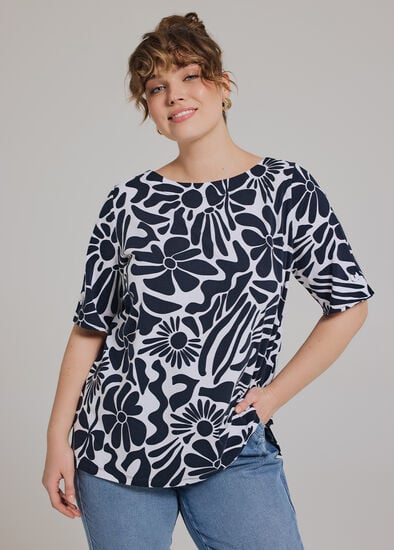 Plus Size Cotton Abstract Flower T-shirt