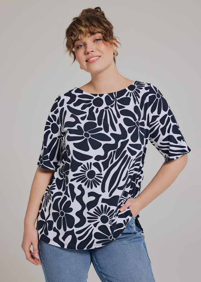 Cotton Abstract Flower T-shirt, , hi-res
