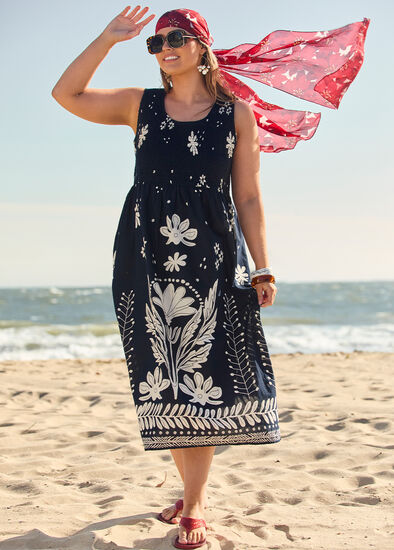 Plus Size Cotton Shirred Floral Dress
