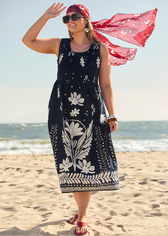 Cotton Shirred Floral Dress, , hi-res