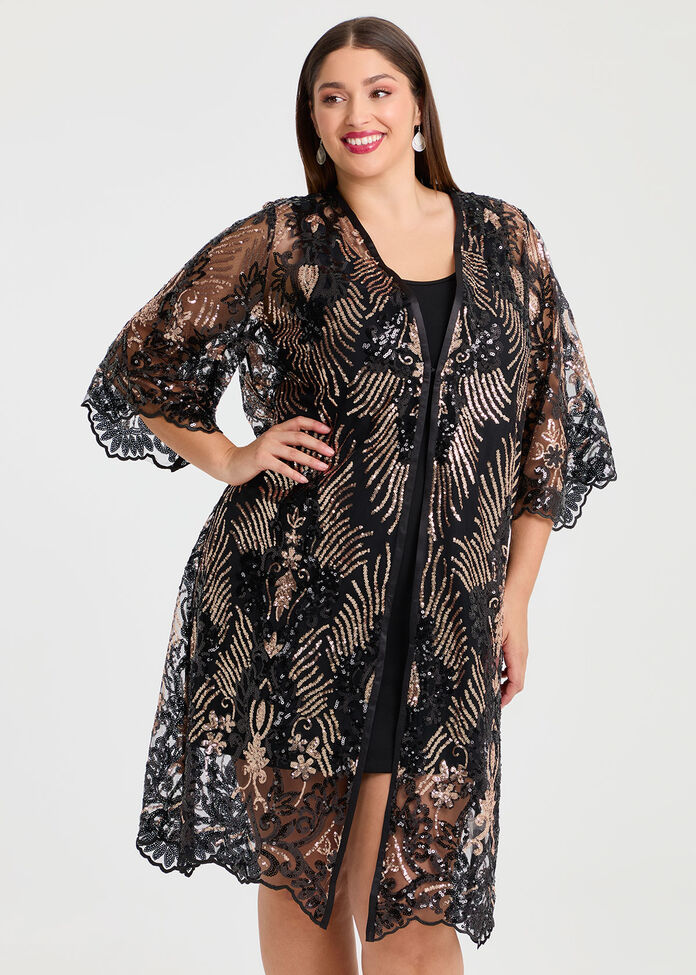 Cocktail Glam Sequin Kimono, BLACK/GOLD, hi-res