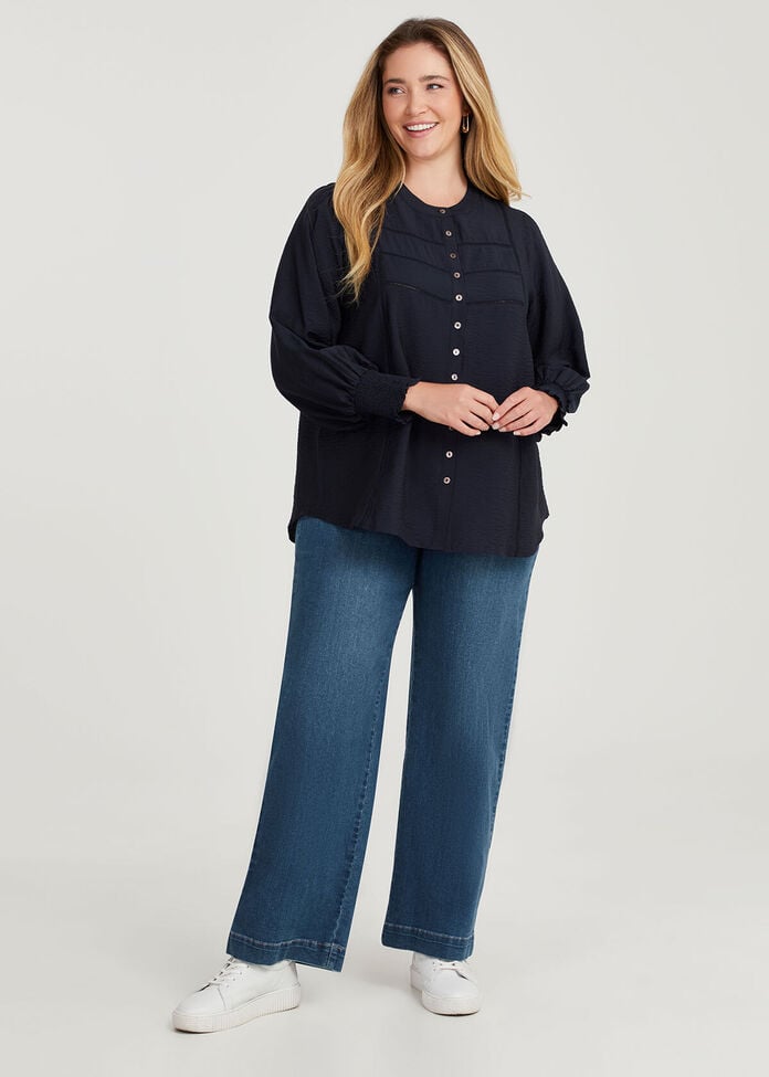 Andrea Shirred Cuff Button Top, , hi-res
