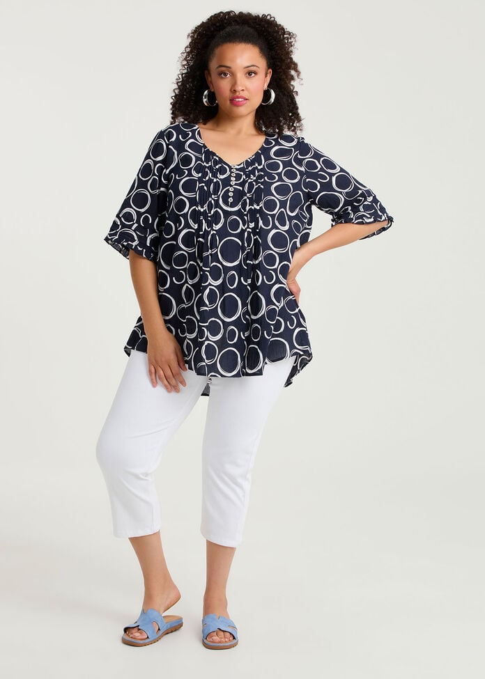 Cotton Elbow Sleeve Pintuck Top, , hi-res