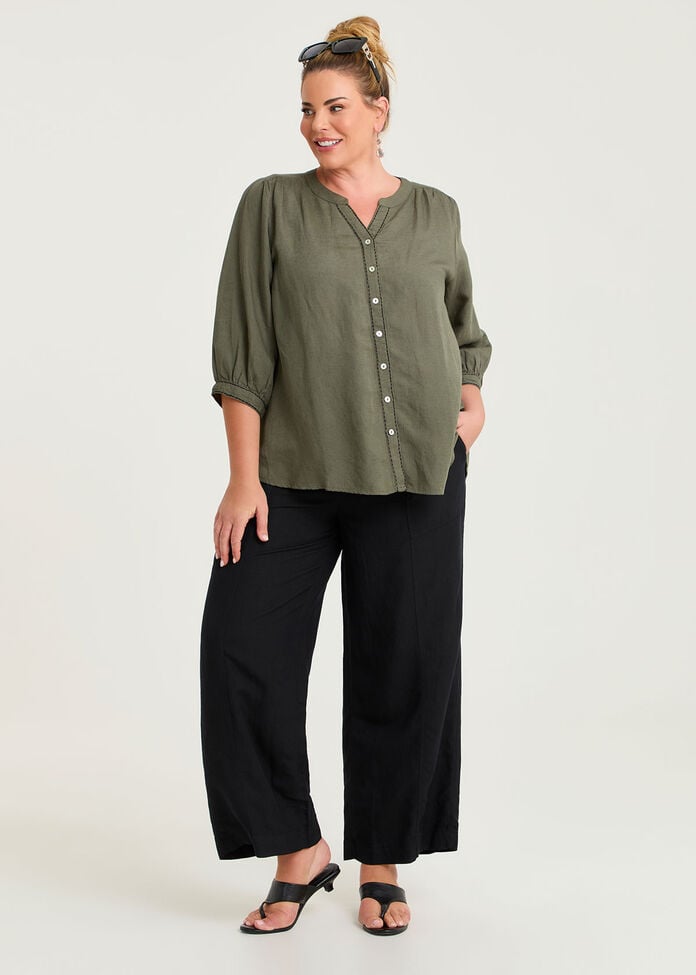 Linen Blend Contrast Stitch Top, , hi-res