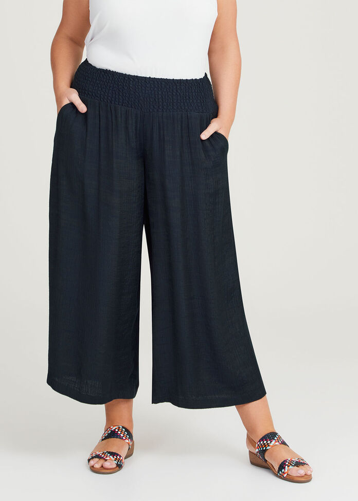 Black Shirred High Waist Plus Size Wide Leg Pants main image 0