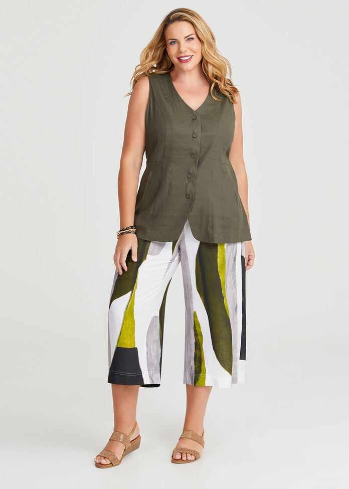 Stretch Linen Button Front Vest, , hi-res