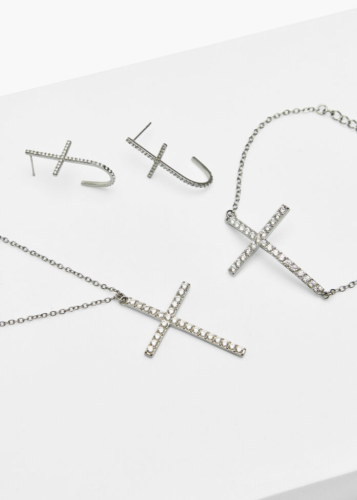 Diamante Cross Hoop Earrings, SILVER, hi-res
