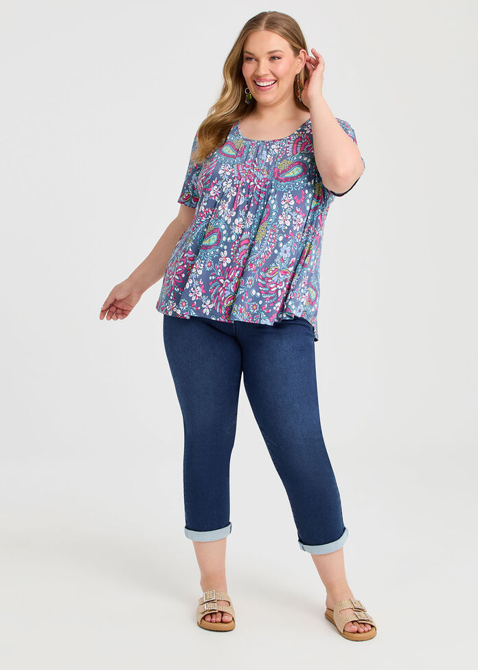 Printed Pintuck Top, , hi-res