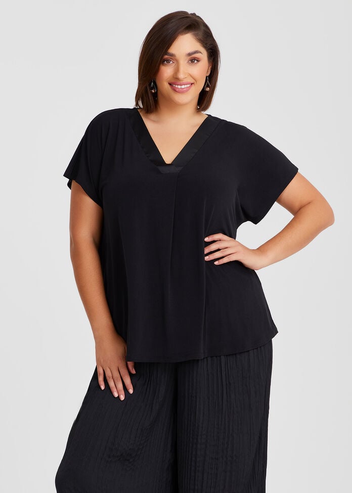 Ebony Satin Neck Short Sleeve Top, , hi-res