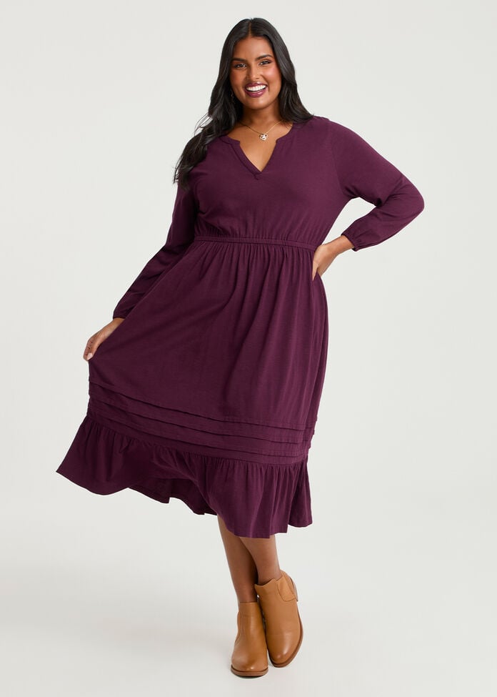 Cotton Pleat Detail Dress, , hi-res