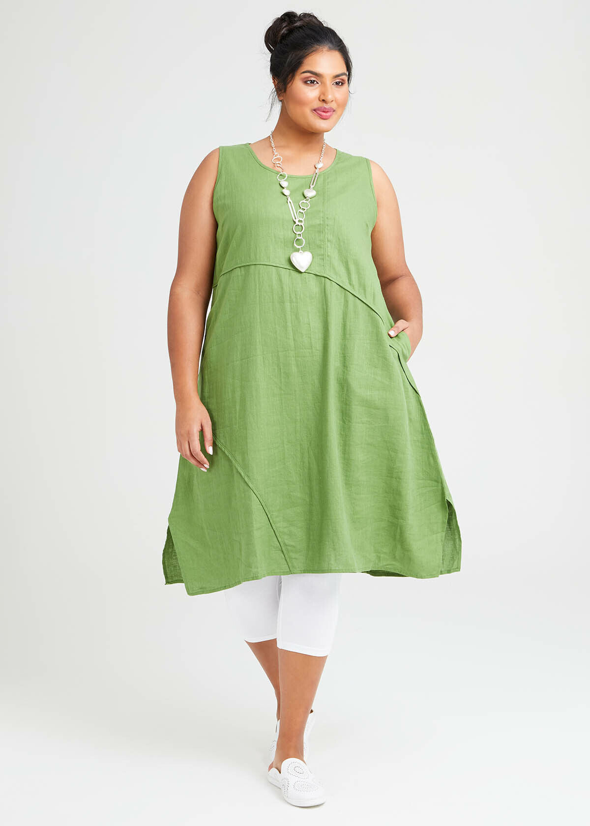 Shop Plus Size Linen Panelled Day Dress in Green Sizes 12 30