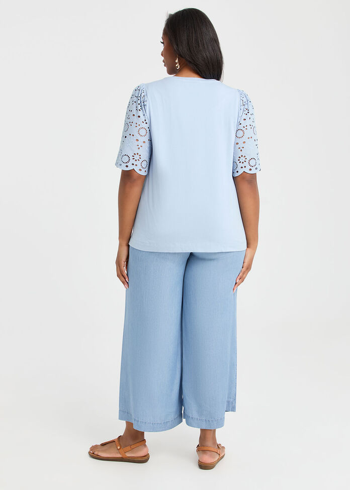 Cotton Broderie Sleeve T-shirt, , hi-res