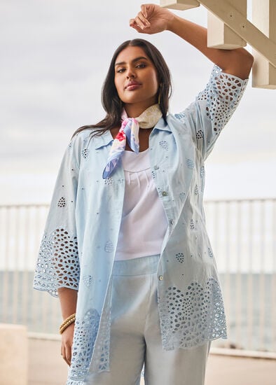 Plus Size Broderie Border Cotton Shirt