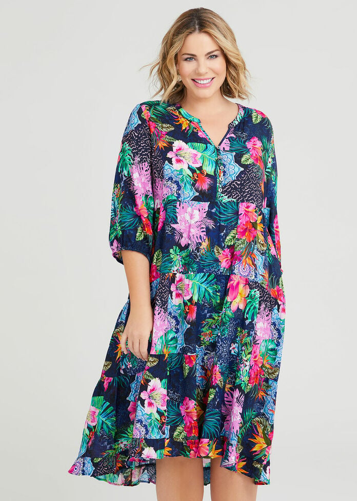 Shop Plus Size Natural Pattern Mix Tiered Dress in Multi | Sizes 12-30 ...