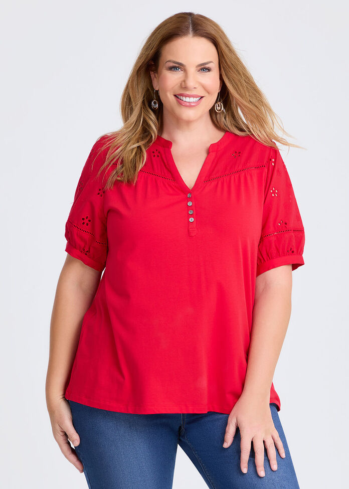 Cotton Broderie Puff Sleeve Top, , hi-res