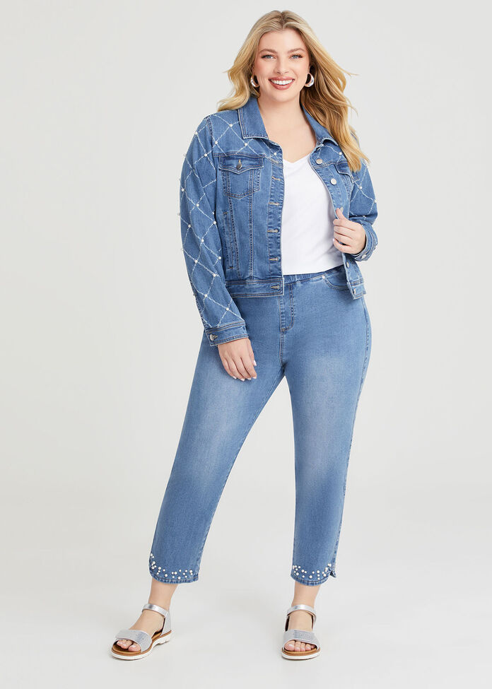 Women's Embellished Blue Denim Jacket with Pearl Detail main image 0