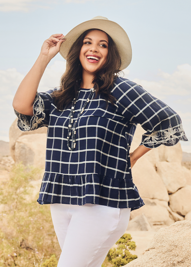 Plus Size Cotton Embroidery Check Top