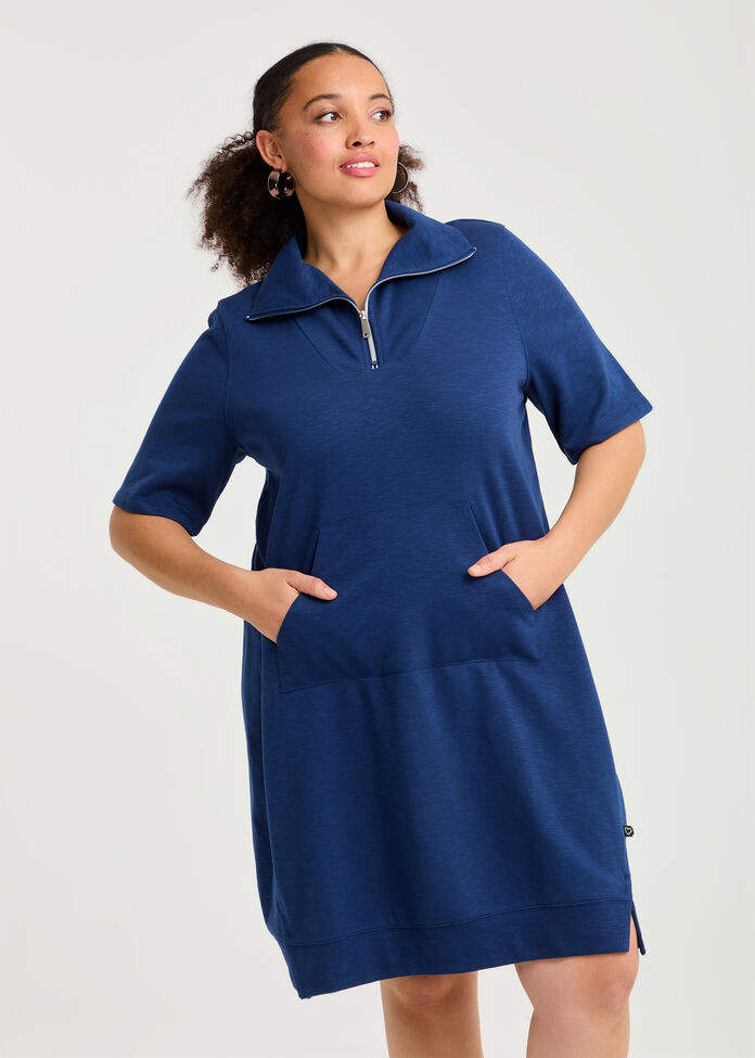 Zip Collar Short Sleeve Sweat Dress, , hi-res