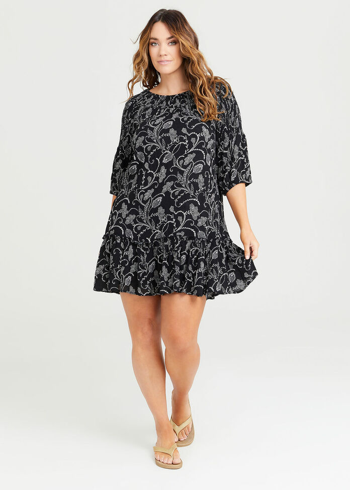 Natural Floral Shirred Dress, , hi-res