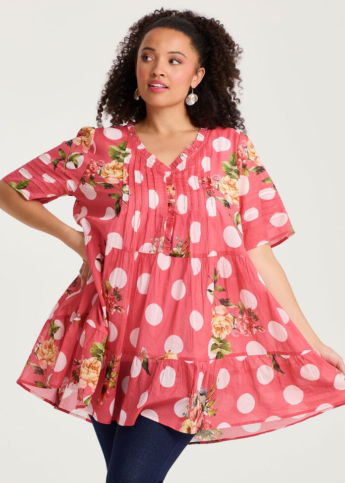 Cotton Polka Dot Floral Tunic, , hi-res