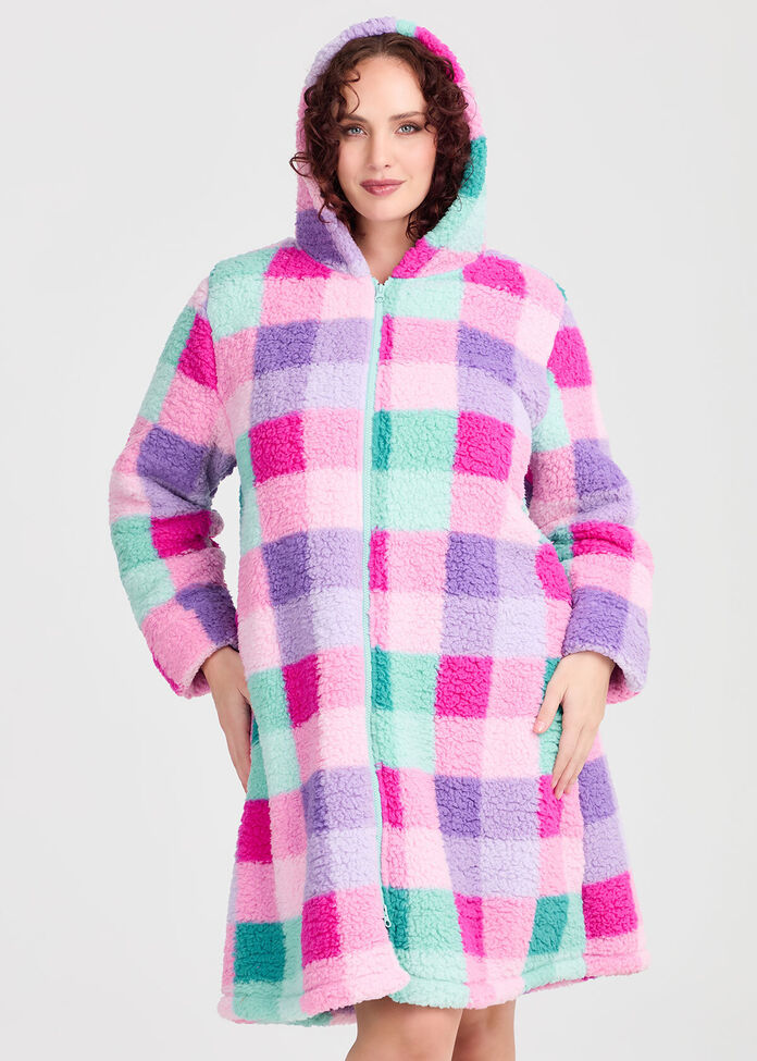 Plush Check Zip Dressing Gown, , hi-res